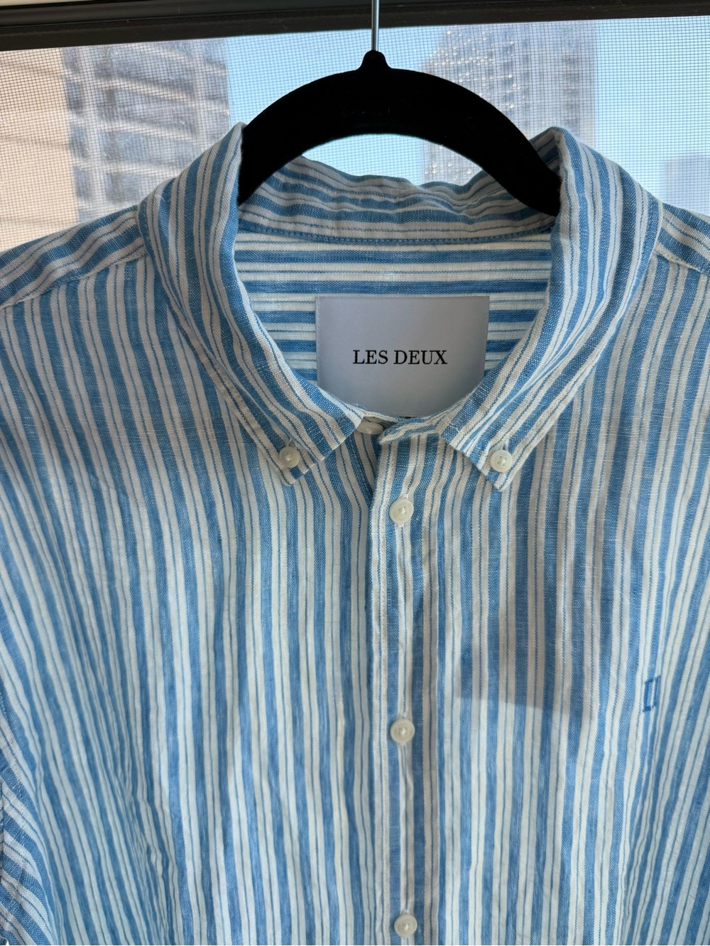 Les Deux Men’s 100% Linen Button Up Shirt with Blue and Ivory Stripes - L